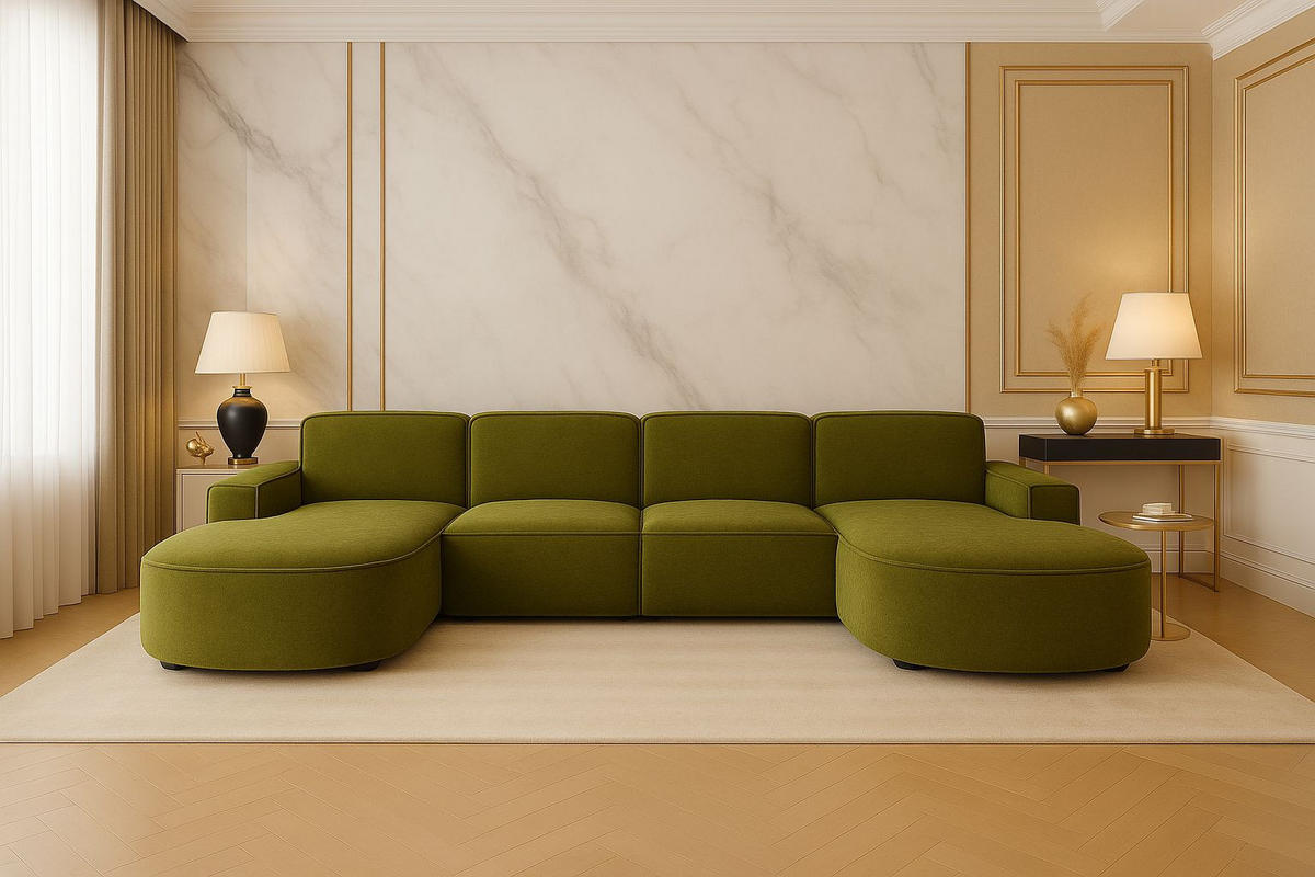 ECKSOFA Cursal Round U-Form, Stoff Salvador, Olive - Olivgrün, Holz (364/166cm) - Kaiser Möbel