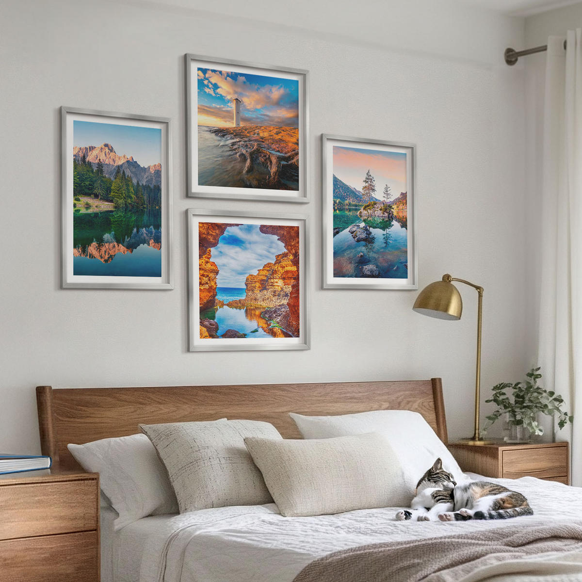 BILDER SET 4er Set - 50x50 cm & 40x60 cm Silberner Rahmen - Spiegelung der Felsen in Bergseen - Silberfarben, Kunststoff (50/50cm) - TULUP