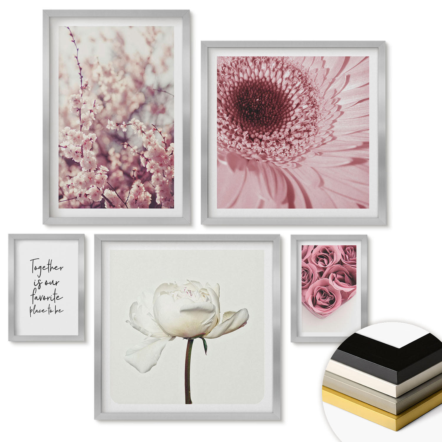 WANDBILDER 5er Set - 50x50 cm & 20x30 cm & 40x60 cm Silberner Rahmen - Blumensträuße mit Rosen, Hausinschrift - Silberfarben, Kunststoff (40/60cm) - ArtPrintCave