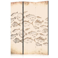 PARAVENT Beidseitig Bedruckter 3-tlg 135x172 cm Fischschwarm Vintage Stil - Beige, Holz/Textil (135/172/3cm) - Muralo
