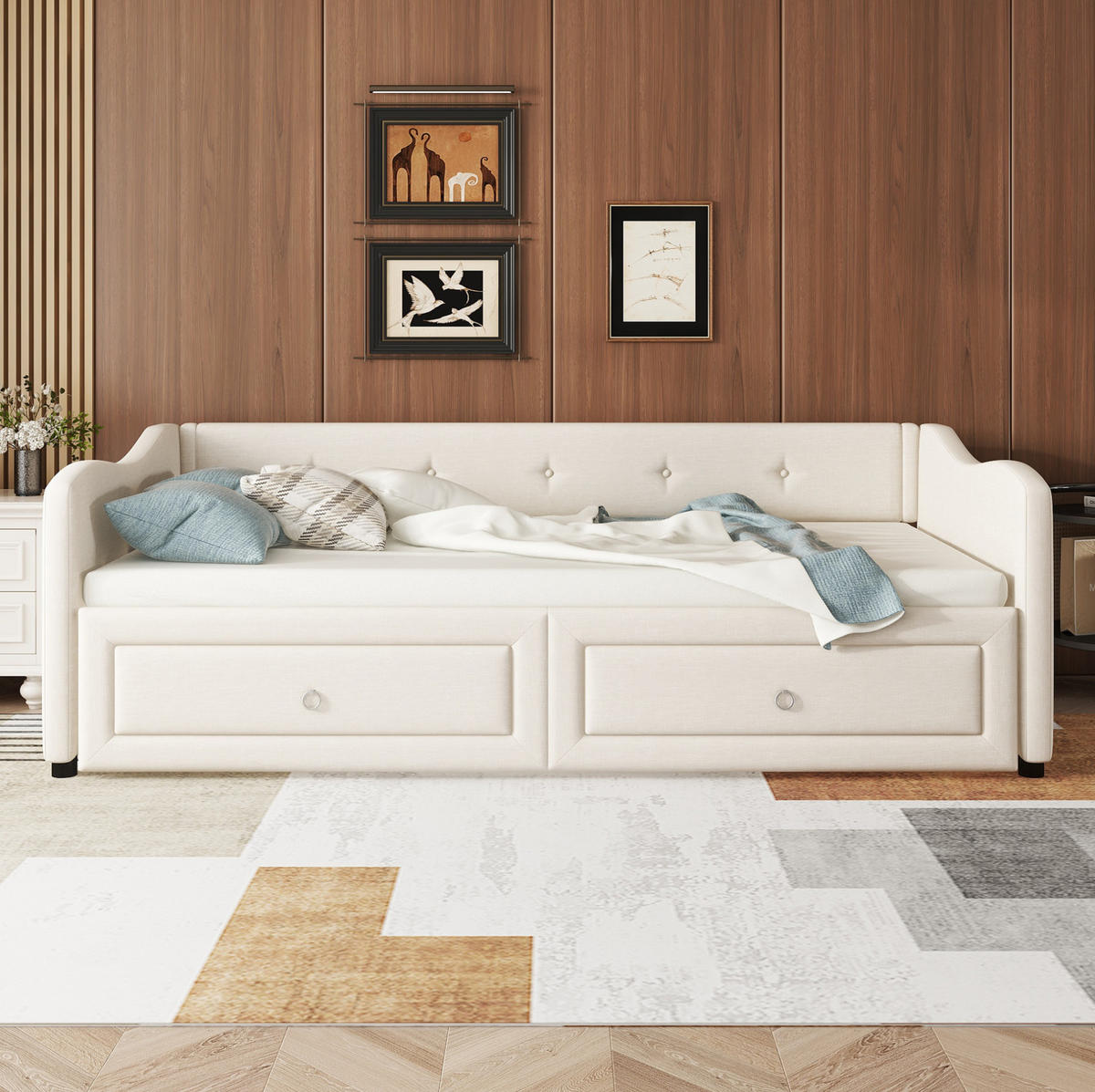 TAGESBETT 90/200 cm in Beige mit Ausziehbett und 2 Schubladen - Beige, Textil (90/200cm) - BEAOK