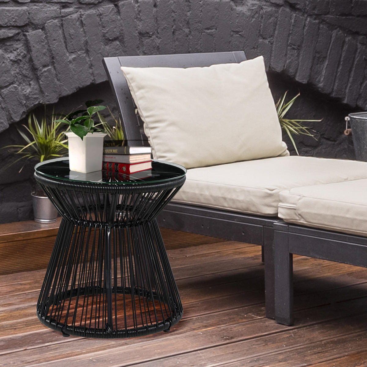 BEISTELLTISCH DE-06785 im Boho-Stil Schwarz - Schwarz, Glas/Kunststoff (40/40/42cm) - ComfortXL