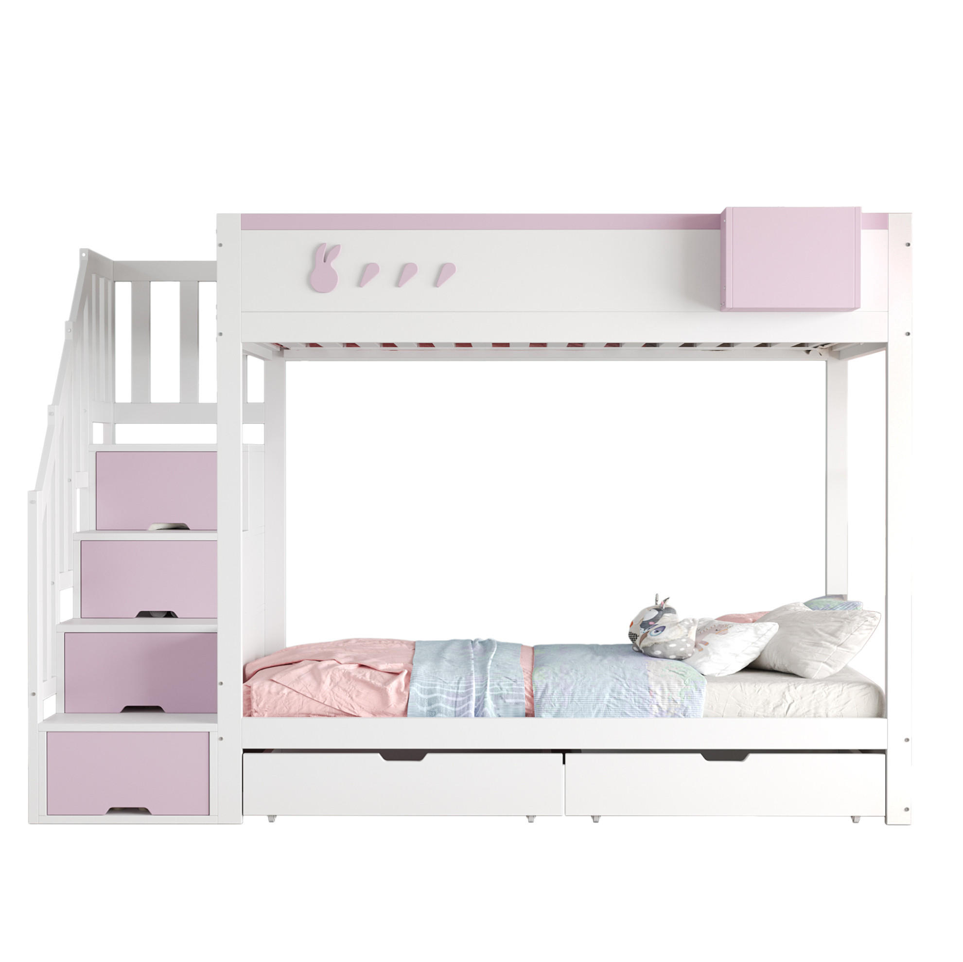 ETAGENBETT 90/200 cm mit Kaninchen und Karottenmotiven und abnehmbarem Ablagefach - Weiß, Holz (90/200cm) - OKWISH