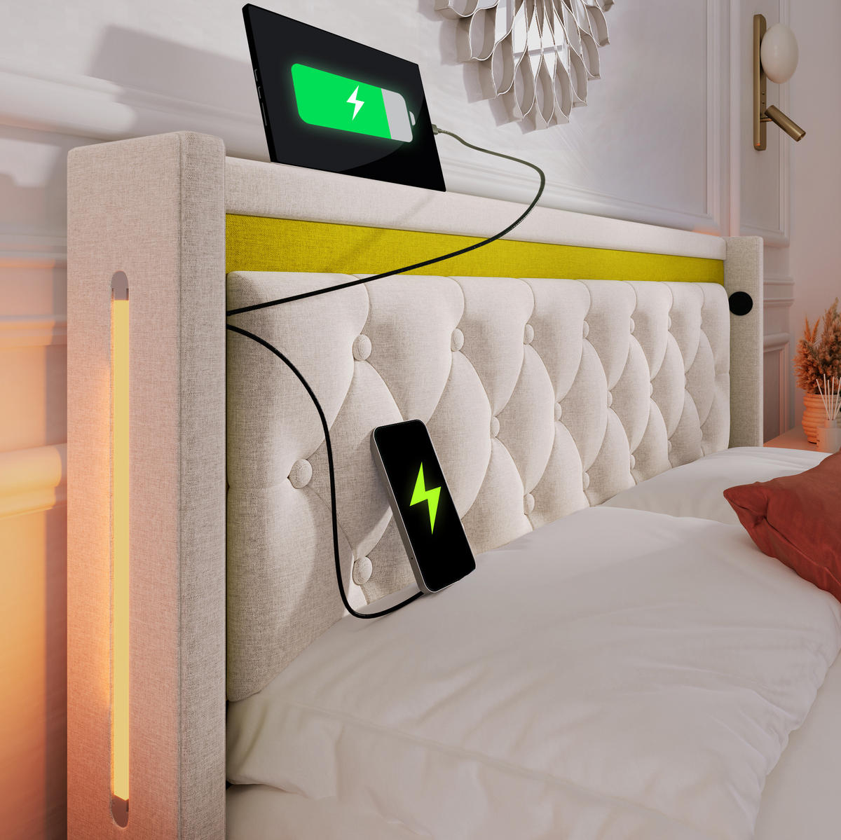 POLSTERBETT 140/200 cm Beige mit Stauraum, LED und USB- und Type-C-Anschlüssen - Beige, Textil (140/200cm) - Flora Grace
