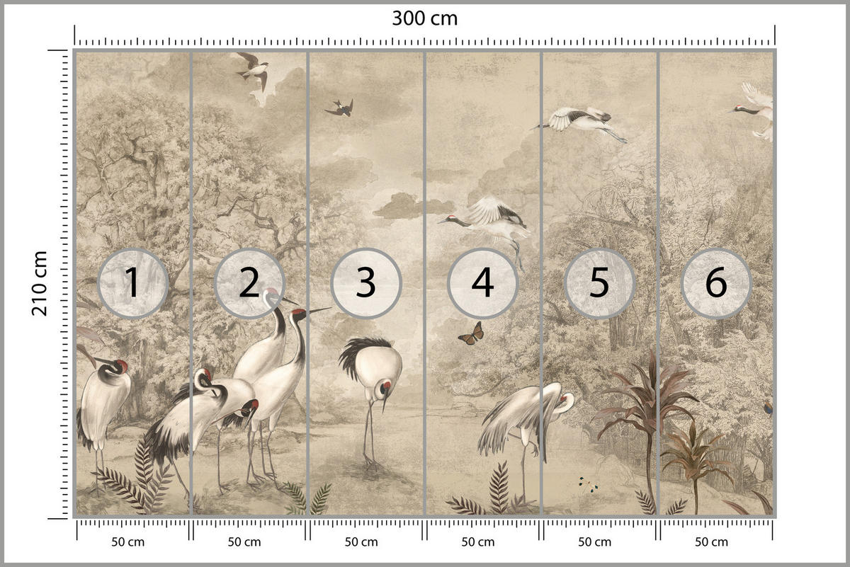 FOTOTAPETE für Schlafzimmer Retro Kraniche Wald Bäume Vögel 300x210 - Beige/Rot, Papier (300/210cm) - Muralo