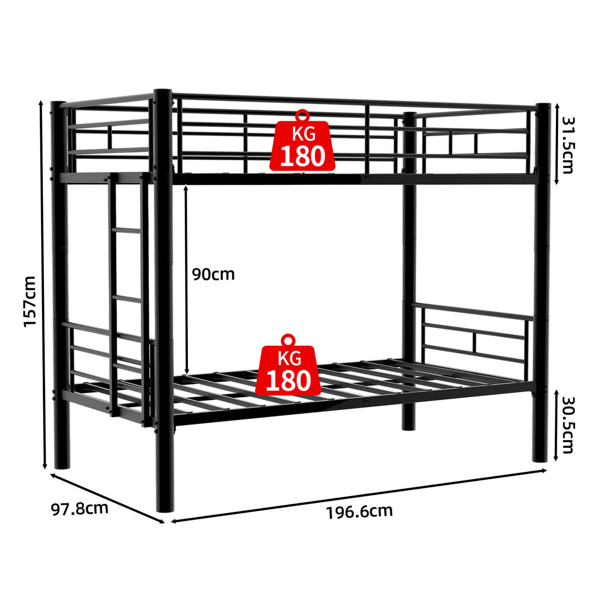 ETAGENBETT 90/190 mit Trennfunktion, Leiter und Geländern in Schwarz - Schwarz, Holzwerkstoff (90/190cm) - EVRYAE