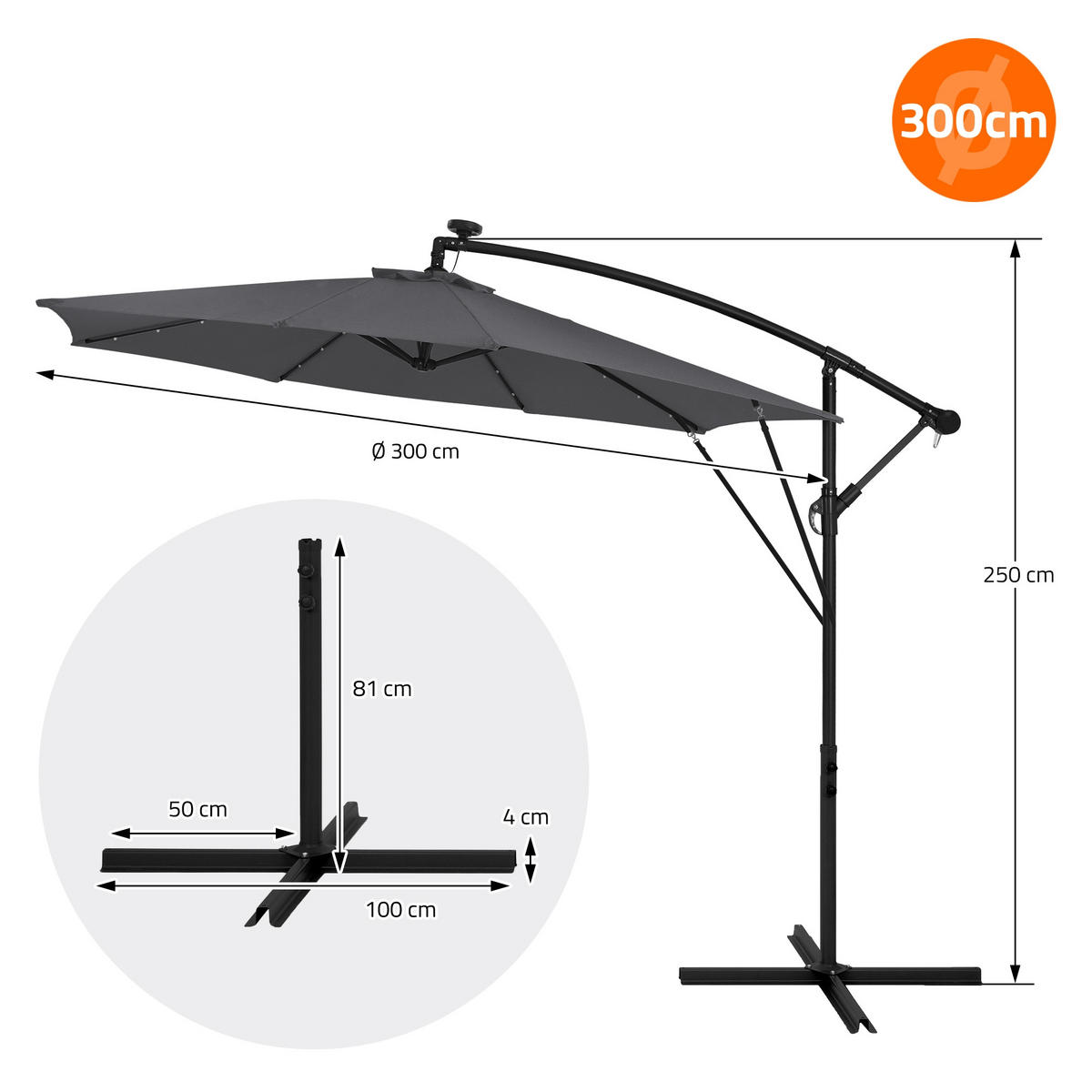 AMPELSCHIRM Ø 300 cm in Anthrazit aus Aluminium mit LED-Solar - Anthrazit, Metall (300/300cm) - ML-DESIGN