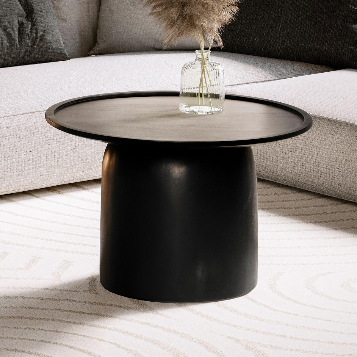 COUCHTISCH Rund Schwarz Mango Massivholz, 60x60x40 cm, Erhöhter Rand, Trommelgestell - Schwarz, Holz (60/60/40cm) - KADIMA DESIGN