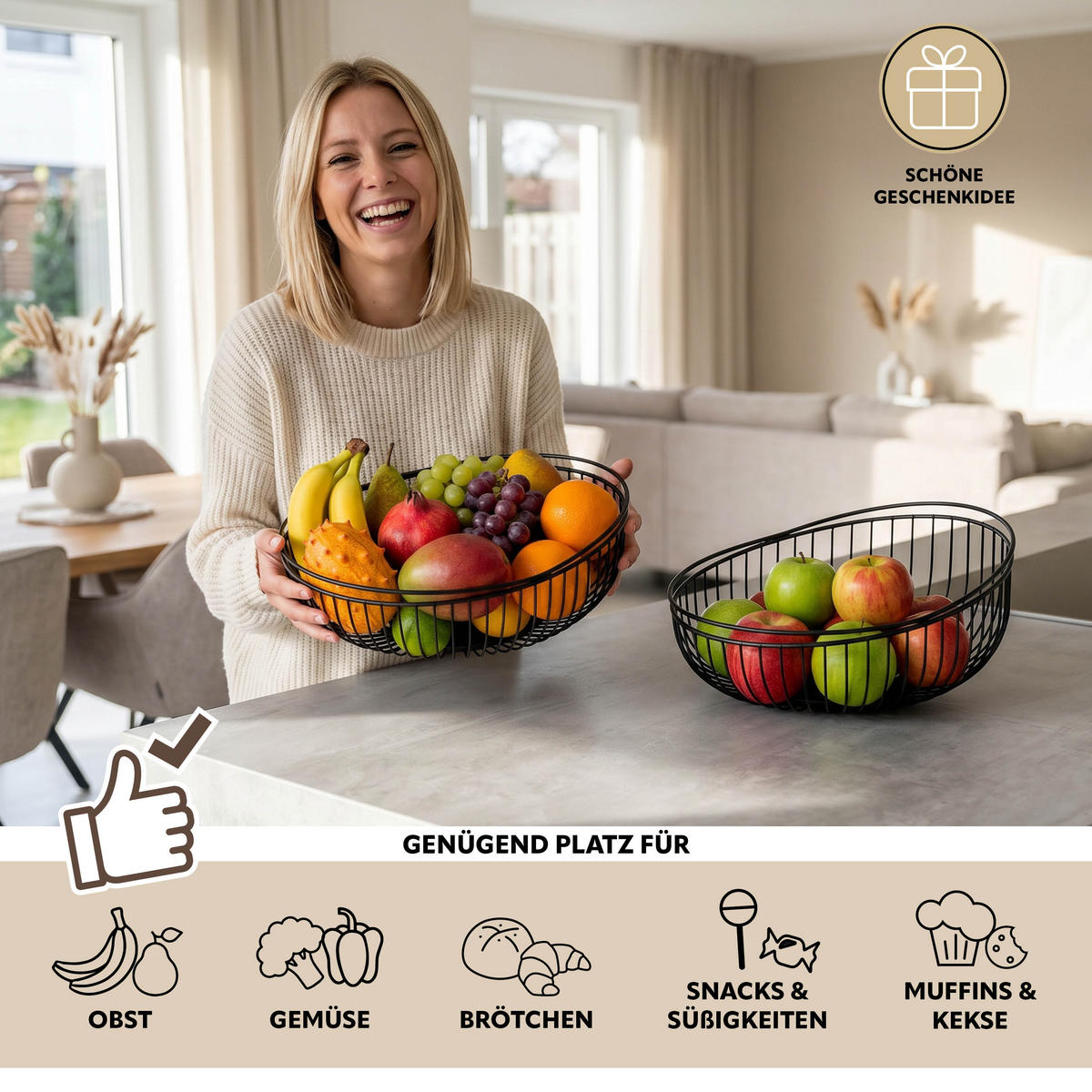 OBSTKORB 2er Set, rund, aus schwarzem Metall - Schwarz, Metall (11.5cm) - eluno