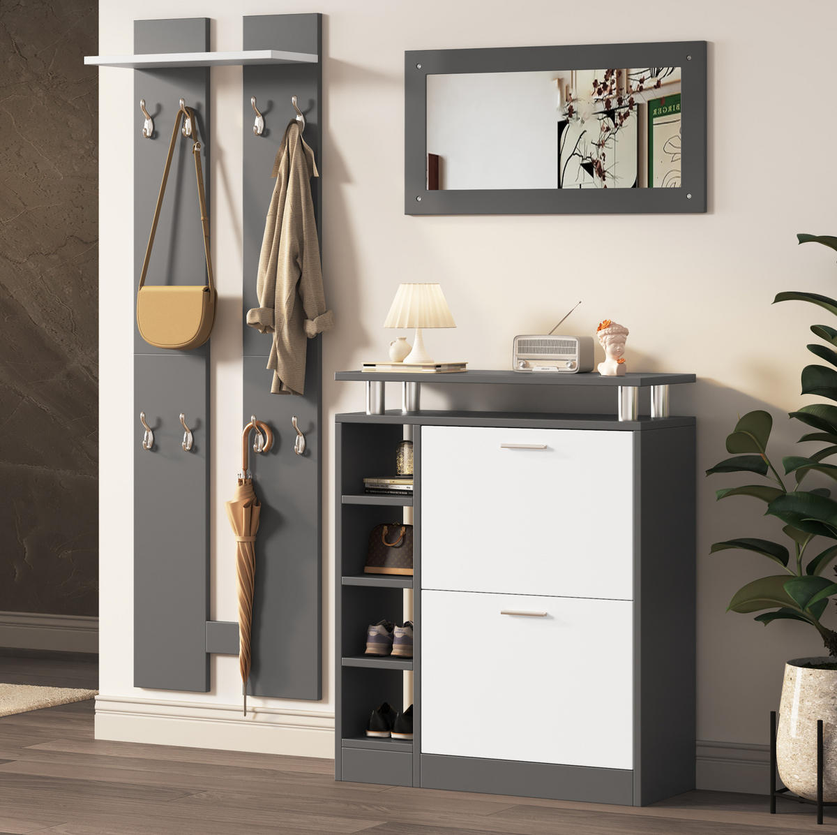 GARDEROBENSET 80/25/96,5 cm grau/weiß aus Spanplatte mit Spiegel und Schuhschrank - Weiß, Holzwerkstoff (80/96/25cm) - OKWISH