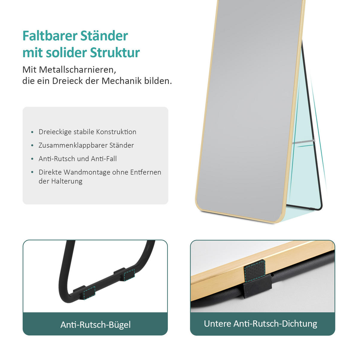 STANDSPIEGEL mit Rahmen Gehärteter Silberspiegel Gold 147/45 cm - Goldfarben, Glas/Metall (45/147/147cm) - EMKE