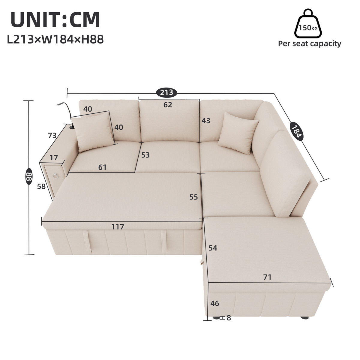 SCHLAFSOFA Beige L-Form USB Stauraum Tisch 2 Kissen - Beige, Textil (184/213cm) - FLIEKS