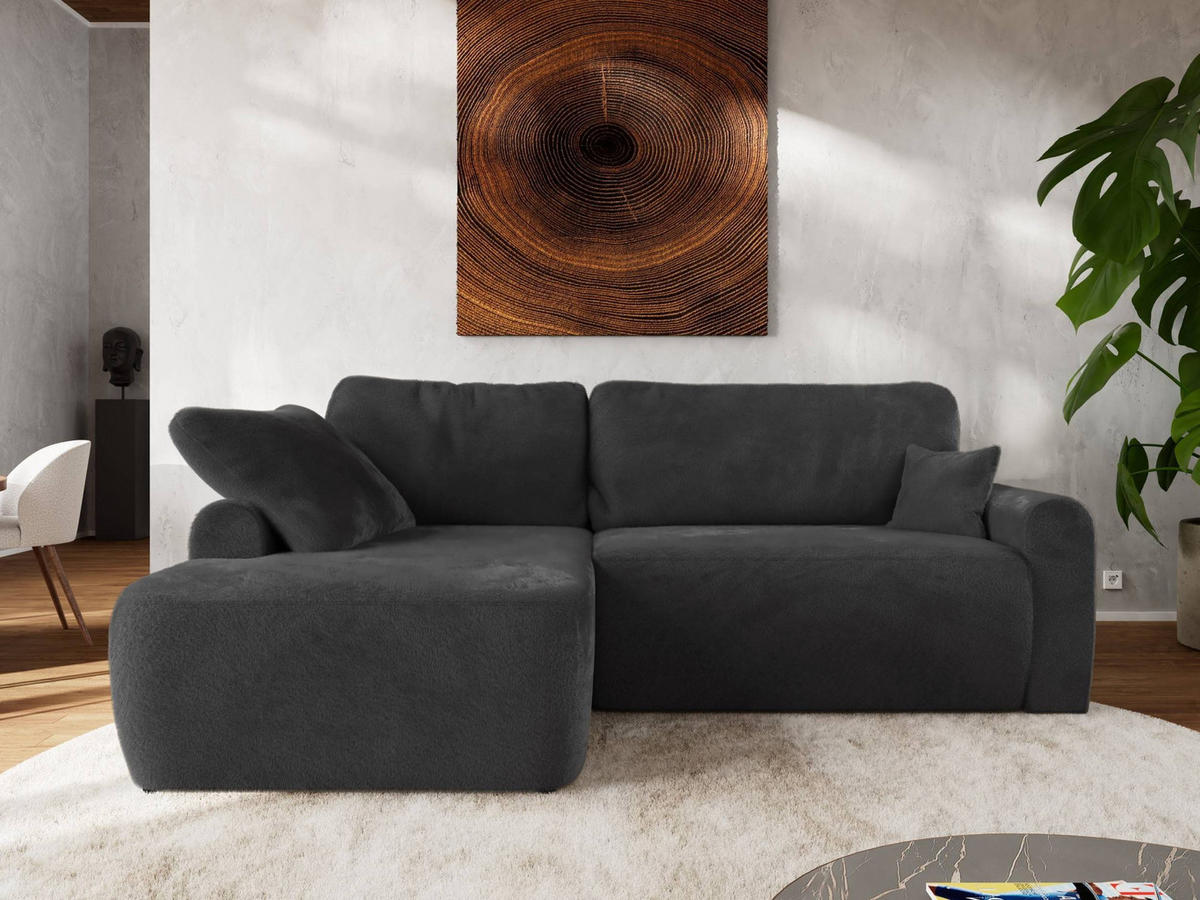 ECKSCHLAFSOFA CUBO L Dunkelgrau Plüsch - links - Dunkelgrau/Schwarz, Kunststoff/Textil (273/187cm) - MKS