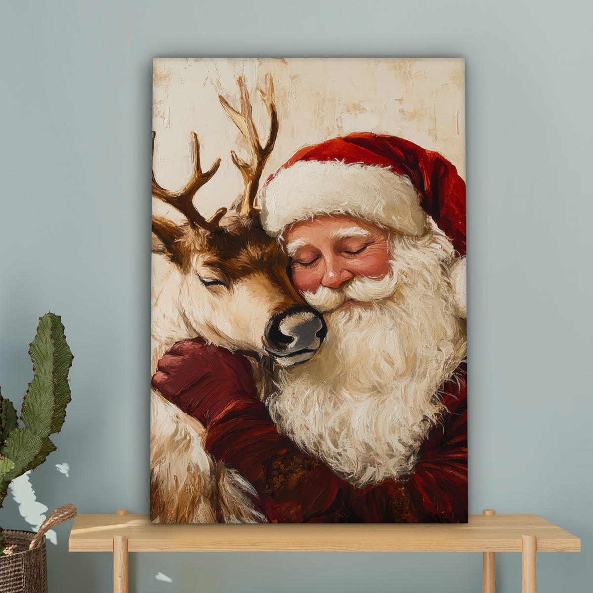 LEINWANDBILD Weihnachtsmann - Rentier - Weihnachten Wanddeko Schlafzimmer 60x90 cm - Rotbraun, Textil (60/90cm) - MuchoWow