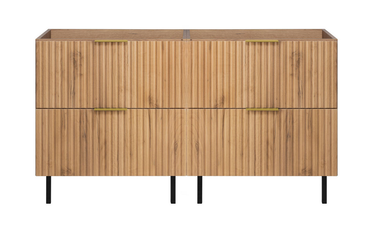 WASCHBECKUNTERSCHRANK, Eiche Craft, 120 (2 x 60) x 77 x 46 cm, goldener Griff, schwarze Beine, ohne Arbeitsplatte - Eichefarben/Goldfarben, Holzwerkstoff (120/77/46cm) - 3XE LIVING