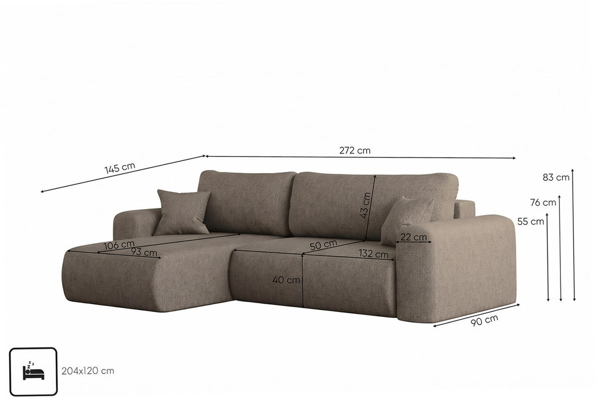ECKSOFA Mit Schlaffunktion Und Bettkasten L-förmiges Sofa Capri Stoff Neve Braun Links - Cappuccino, Holz (145/272cm) - Kaiser Möbel