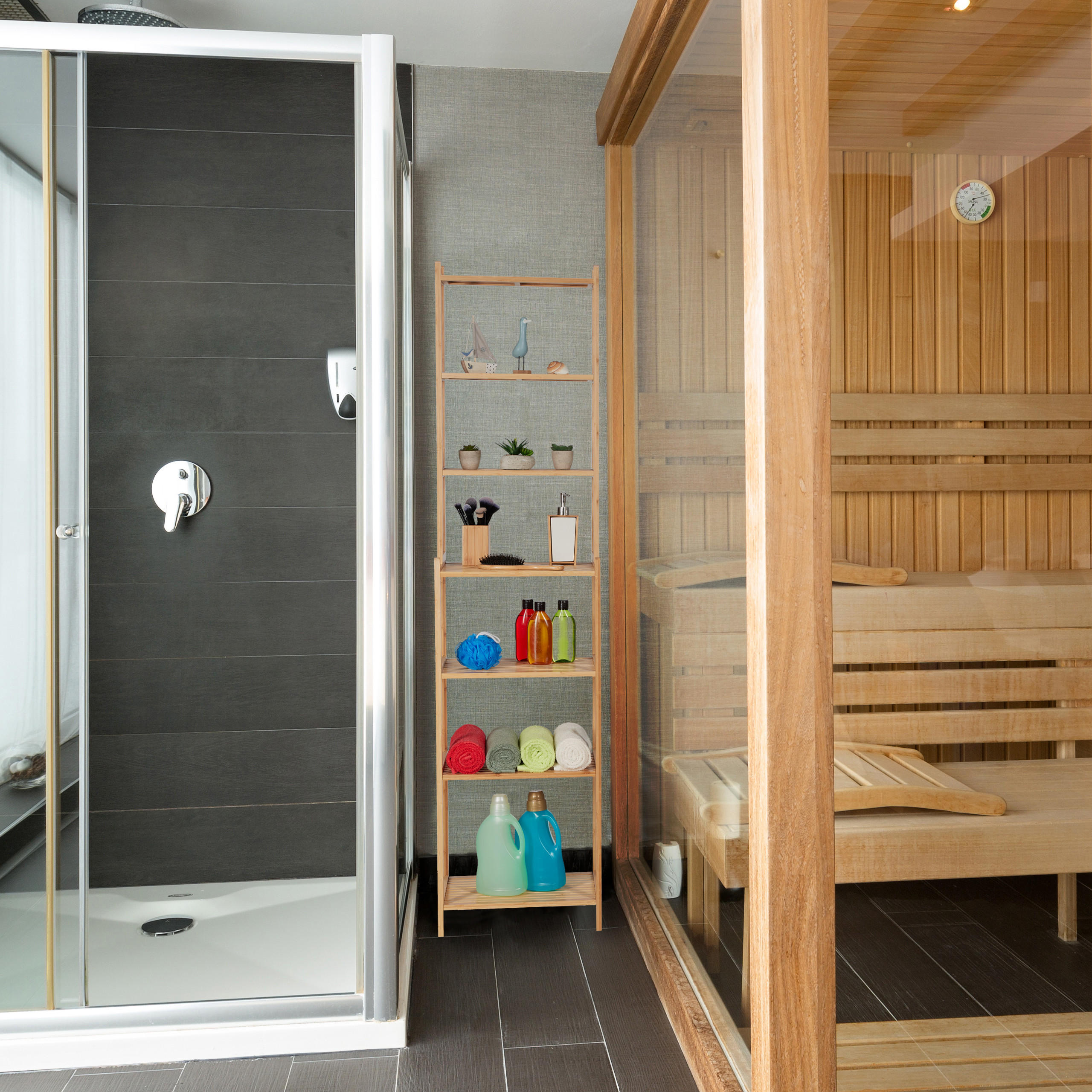 BADREGAL - Hellbraun, Holz (44/180/33cm) - Relaxdays