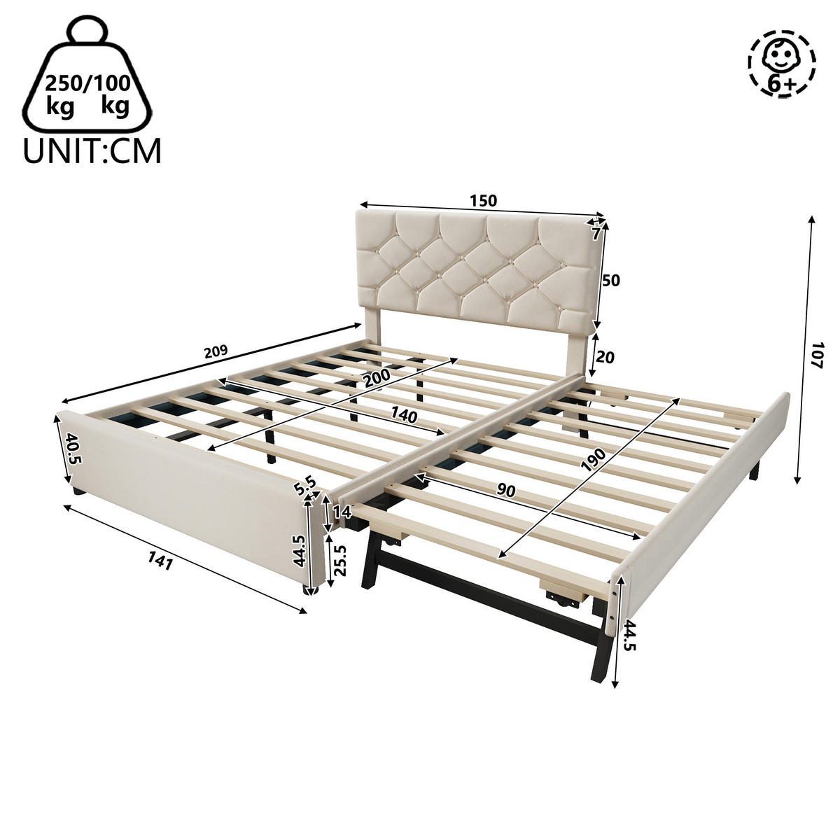 POLSTERBETT 140/200 cm in Beige mit Ausziehbett, Samt - Beige, Holzwerkstoff/Textil (140/200cm) - CHICFURN