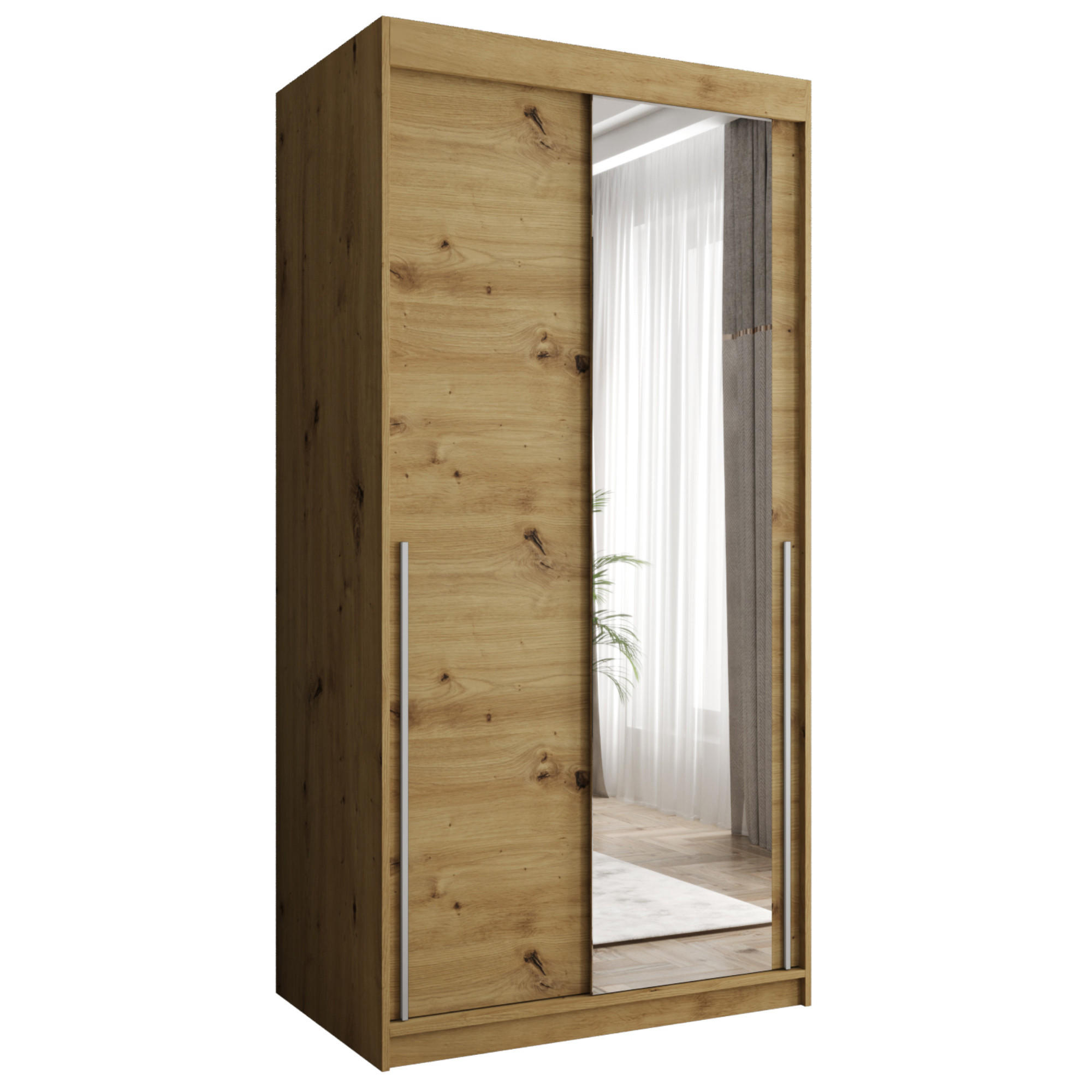 SCHIEBETÜRENSCHRANK mit Spiegel 100 cm Breite Artisan mit silbernem Griff - Silberfarben/Eiche Artisan, Holzwerkstoff (250/200/62cm) - Home Collective