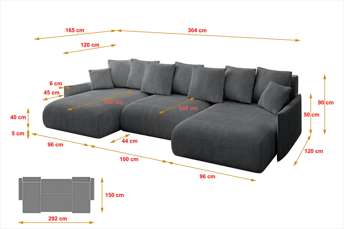 WOHNLANDSCHAFT mit Schlaffunktion und Bettkasten ONESK-U-v1 304x165x40 Dunkelgrau Cord - Dunkelgrau, Holzwerkstoff/Kunststoff (304/90/165cm) - ALTDECOR
