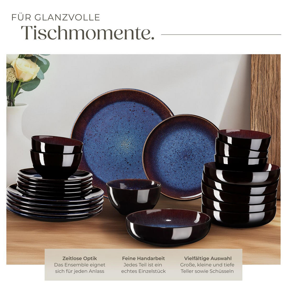 TAFELSERVICE Mare, ineinander stapelbar, blau/braun - Blau, Keramik (26.5/2.5/26.5cm) - tectake