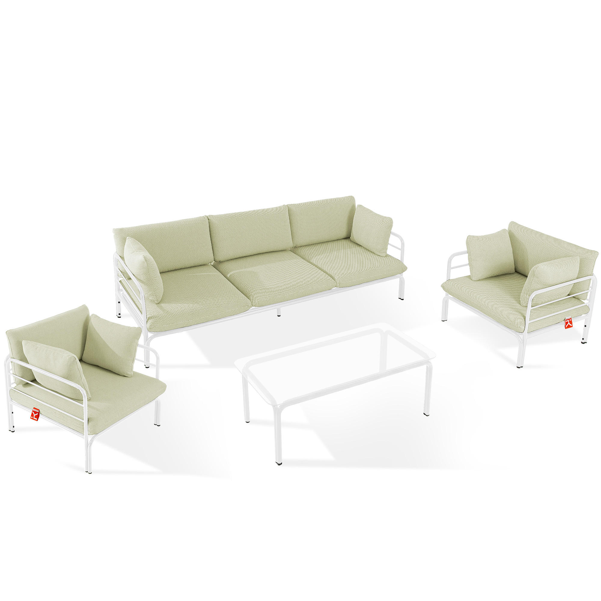 GARTENMÖBELSET RAMBE 4-tlg. 1x Tisch 2x Sessel 1x Sofa 3-Sitzer, mit Auflage, Stahlrahmen, LOFT-STIL, Weiß - Weiß/Hellgrün, Glas/Textil - KONSIMO®