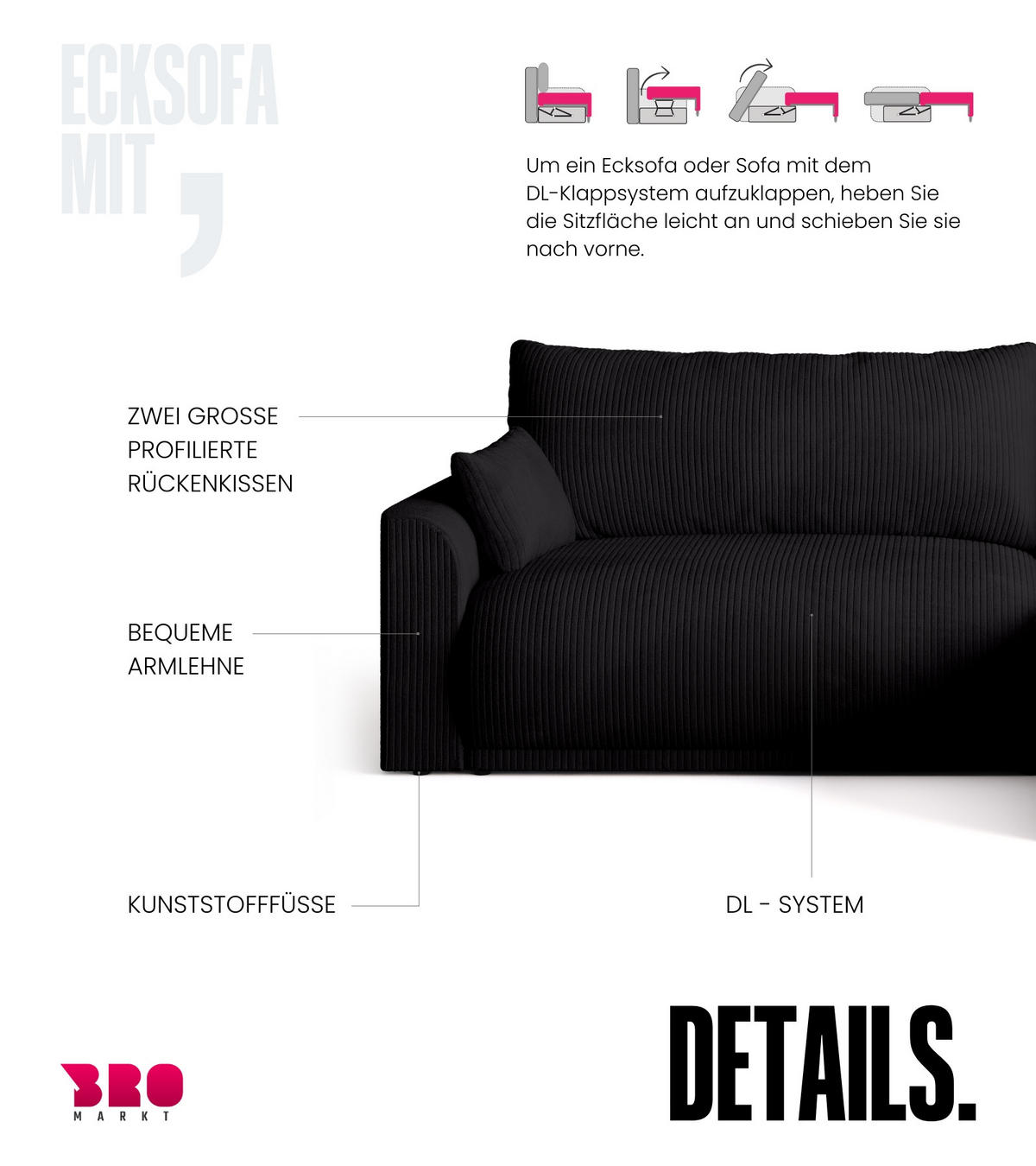 ECKSOFA MORENO mit Schlaffunktion Anthrazit Grau - Anthrazit, Textil (262/160cm) - Bromarkt