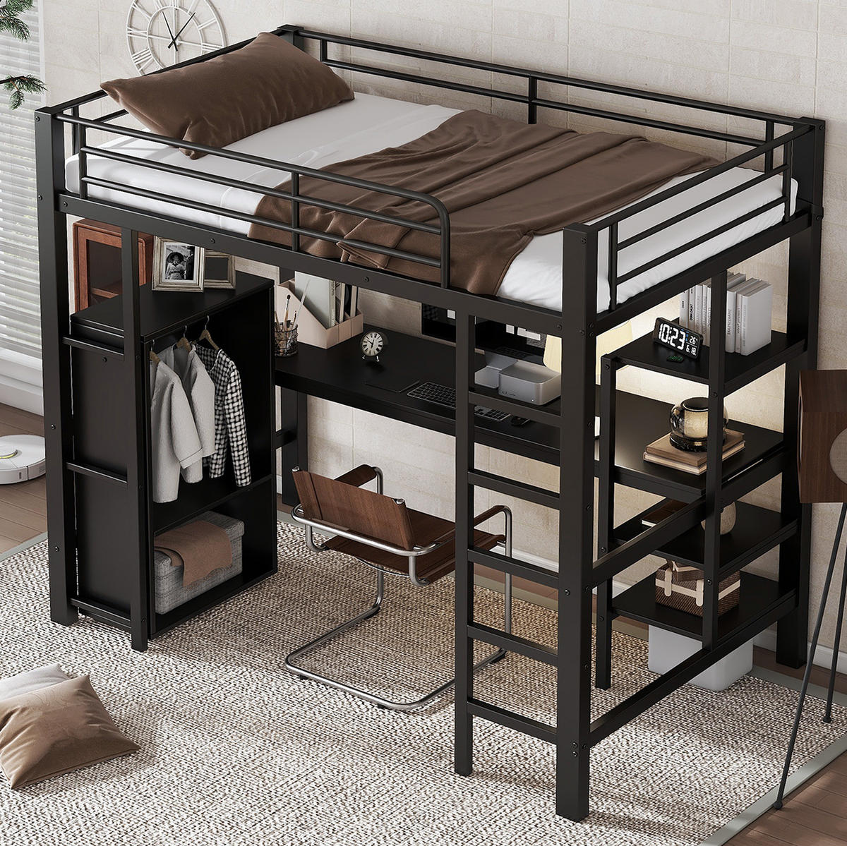 ETAGENBETT aus Metall und MDF 90x200 cm Schwarz mit Schreibtisch, Kleiderschrank, Regalen und 5-stufiger Leiter - Schwarz, Metall (90/200cm) - Modfu