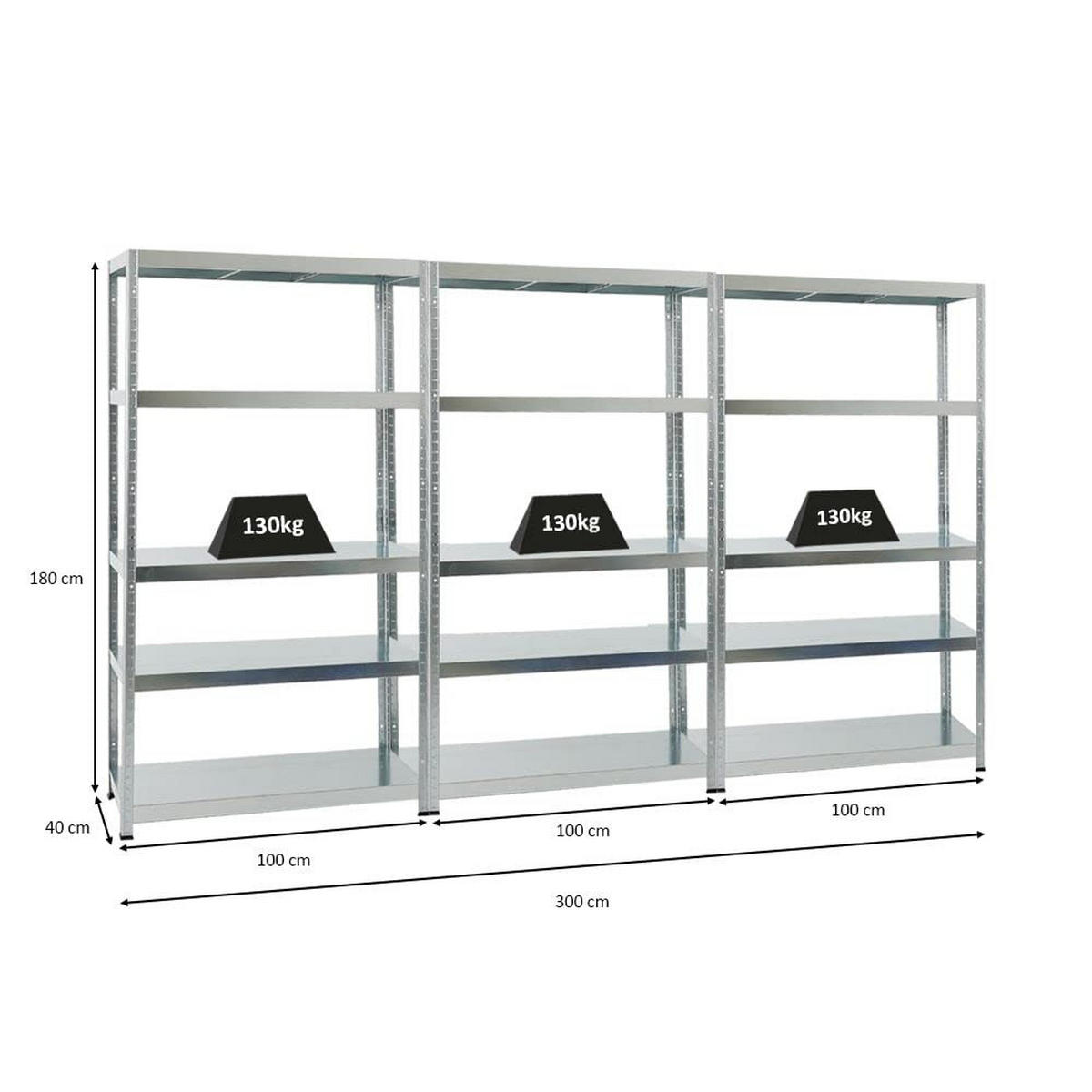 SCHWERLASTREGAL Steel Eagle 3er-Set mit 3x 180x100x40 cm Fachlast 130 kg Verzinkt - Silberfarben, Metall (300/180/40cm) - PROREGAL