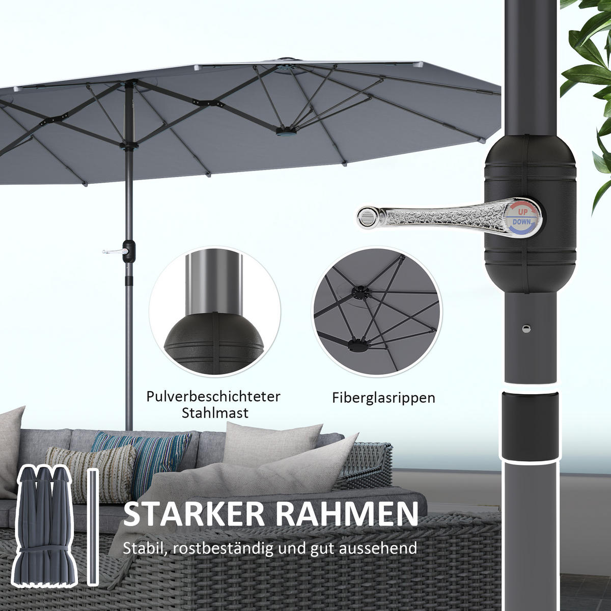 DOPPELSONNENSCHIRM Stahl 436 x 260 cm - Dunkelgrau, Metall (260/436cm) - Outsunny