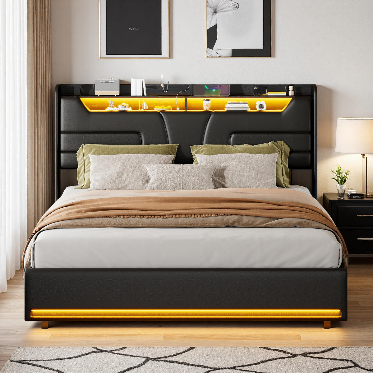 POLSTERBETT 140x200 cm Schwarz PU LED USB Bettkasten - Schwarz, Holz (140/200cm) - SHOPENTRA