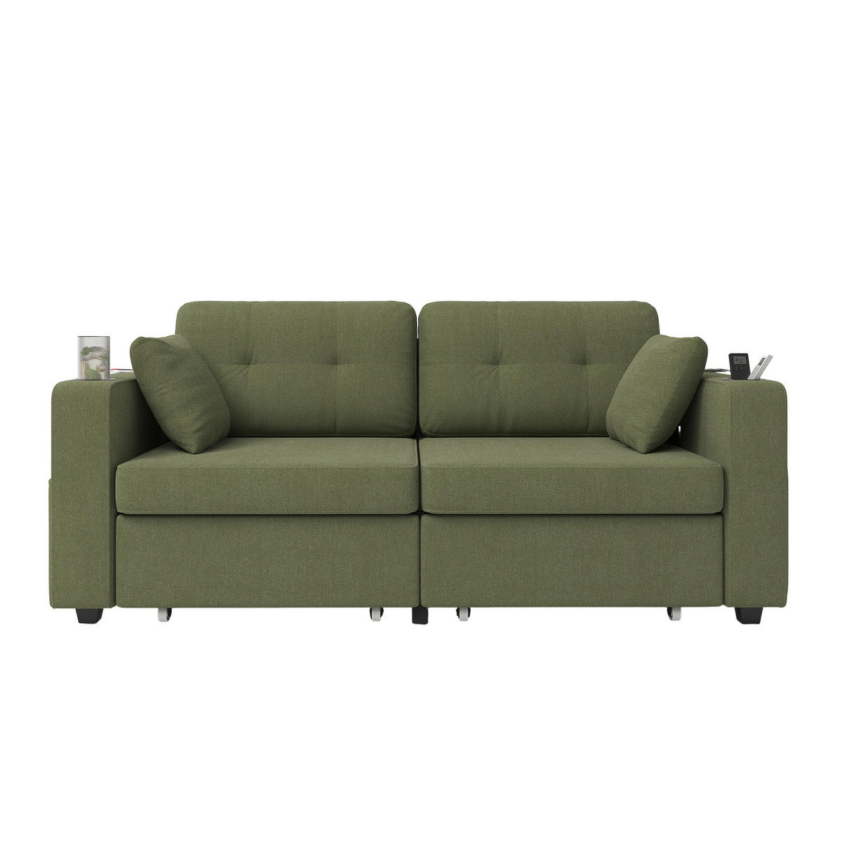 DVOUMÍSTNÁ pohovka 172/75/82 cm olivová z chenille s USB nabíjením, držáky na nápoje a úložnými zásuvkami - šalvějově zelená, textil (75/82/172cm) - OKWISH