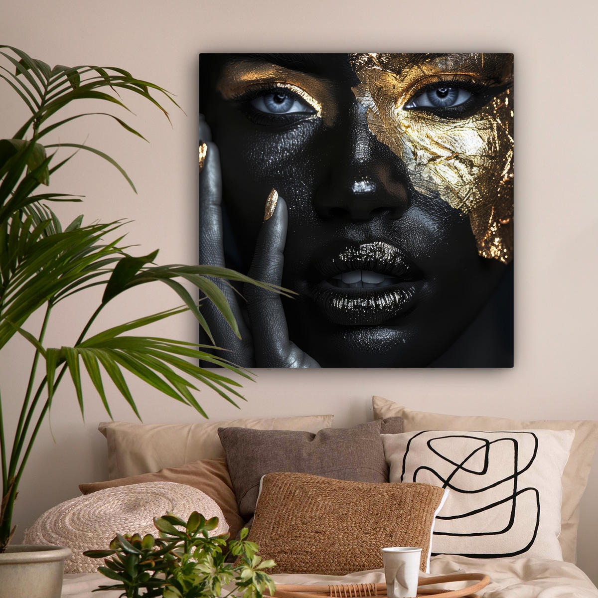 LEINWANDBILD Frau - Gold - Porträt - Schwarz-Weiß - Luxus 90x90 cm - Hellblau, Textil (90/90cm) - MuchoWow