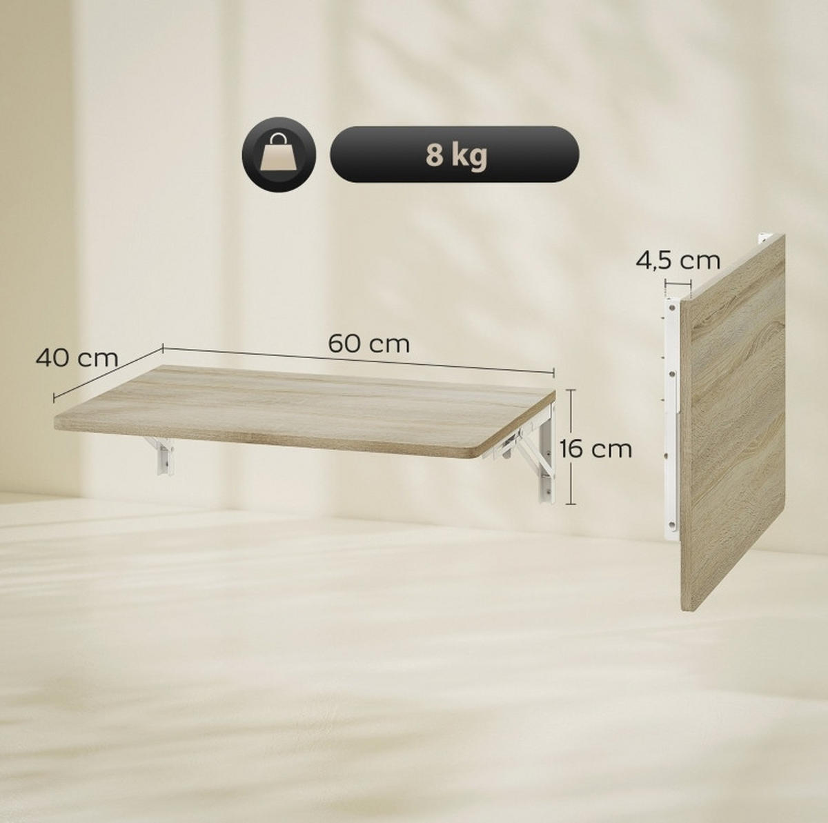 ZIDNI sklopivi stol 60/40 cm hrast boje od drva i metala za uštedu prostora - boje hrasta, drvni materijal (60/40/16cm) - OKWISH