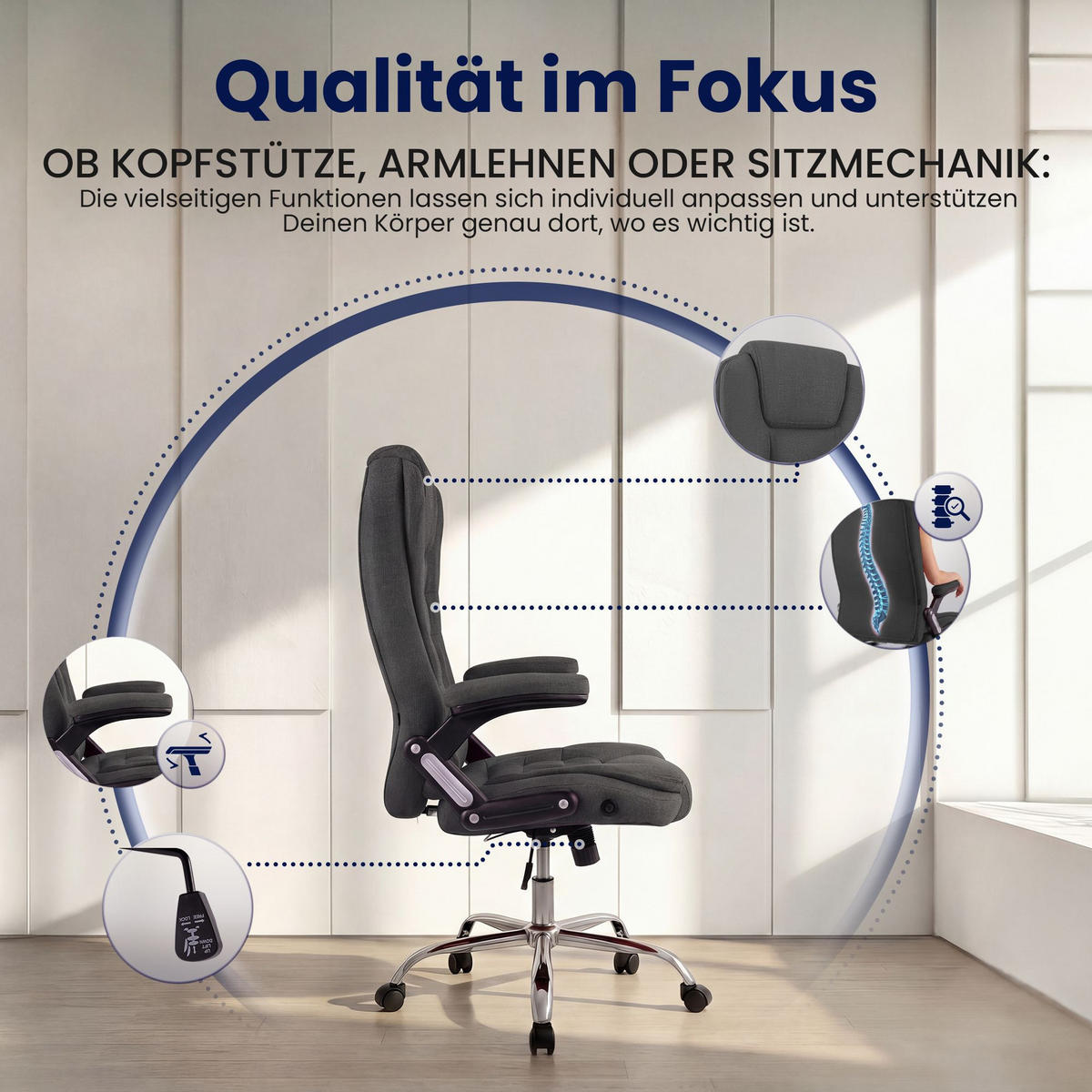 CHEFSESSEL Stoff Dunkelgrau - Chromfarben/Dunkelgrau, Textil/Metall (69.5/113/78cm) - CLP
