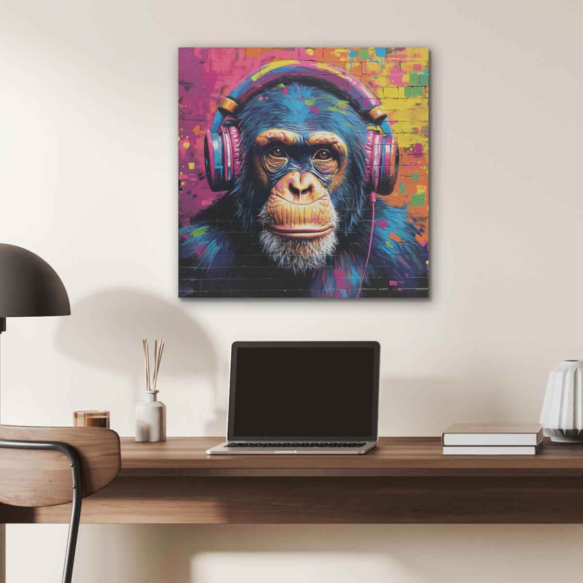 AKUSTIKBILD Graffiti - Schimpanse - Straßenkunst - Kopfhörer - Affe Wandbilder 60x60 cm - Blau, Kunststoff (60/60/0.9cm) - MuchoWow