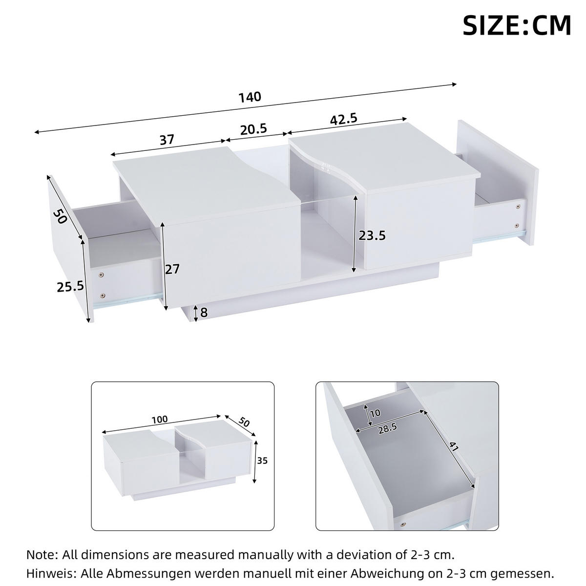 COUCHTISCH 100/50/35 cm Weiß Hochglanz mit 2 Schubladen und LED-Beleuchtung - Weiß, Holzwerkstoff (100/50/35cm) - OKWISH
