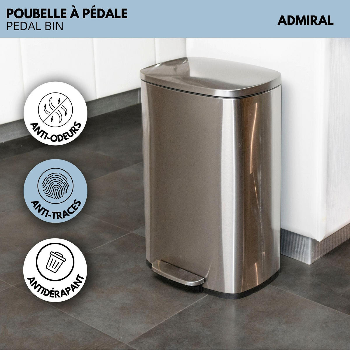 KÜCHENMÜLLEIMER mit Pedal ADMIRAL silber - Silberfarben, Metall (37/66/43cm) - Kitchen Move