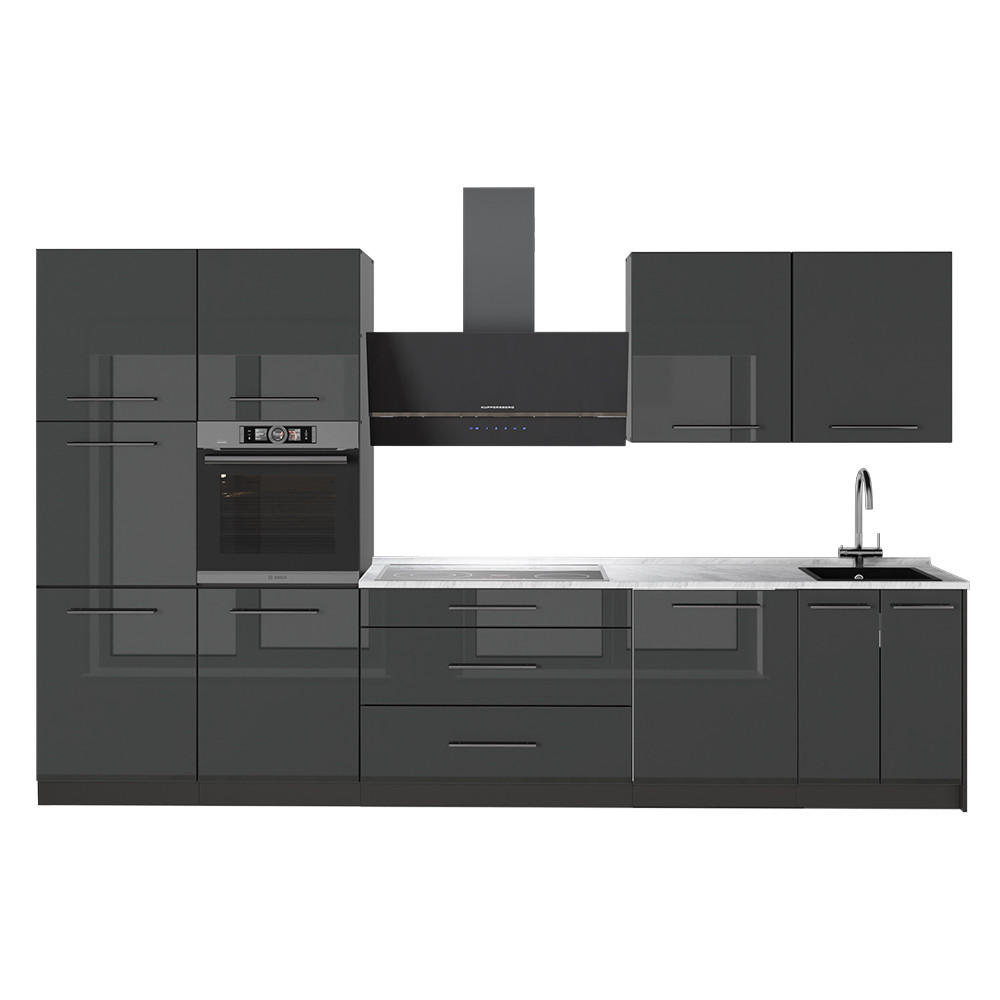 KÜCHENZEILE Fame-Line, Anthrazit Hochglanz/Anthrazit, 340 cm, AP Marmor - Schwarz Hochglanz/Anthrazit, Holzwerkstoff (340/206.8/60cm) - Vicco