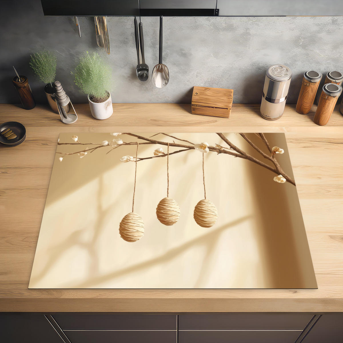 HERDABDECKPLATTE Beige - Osterkuchen - Eier Induktionsmatte 77x59 cm - Beige, Kunststoff (77/59/0.2cm) - MuchoWow