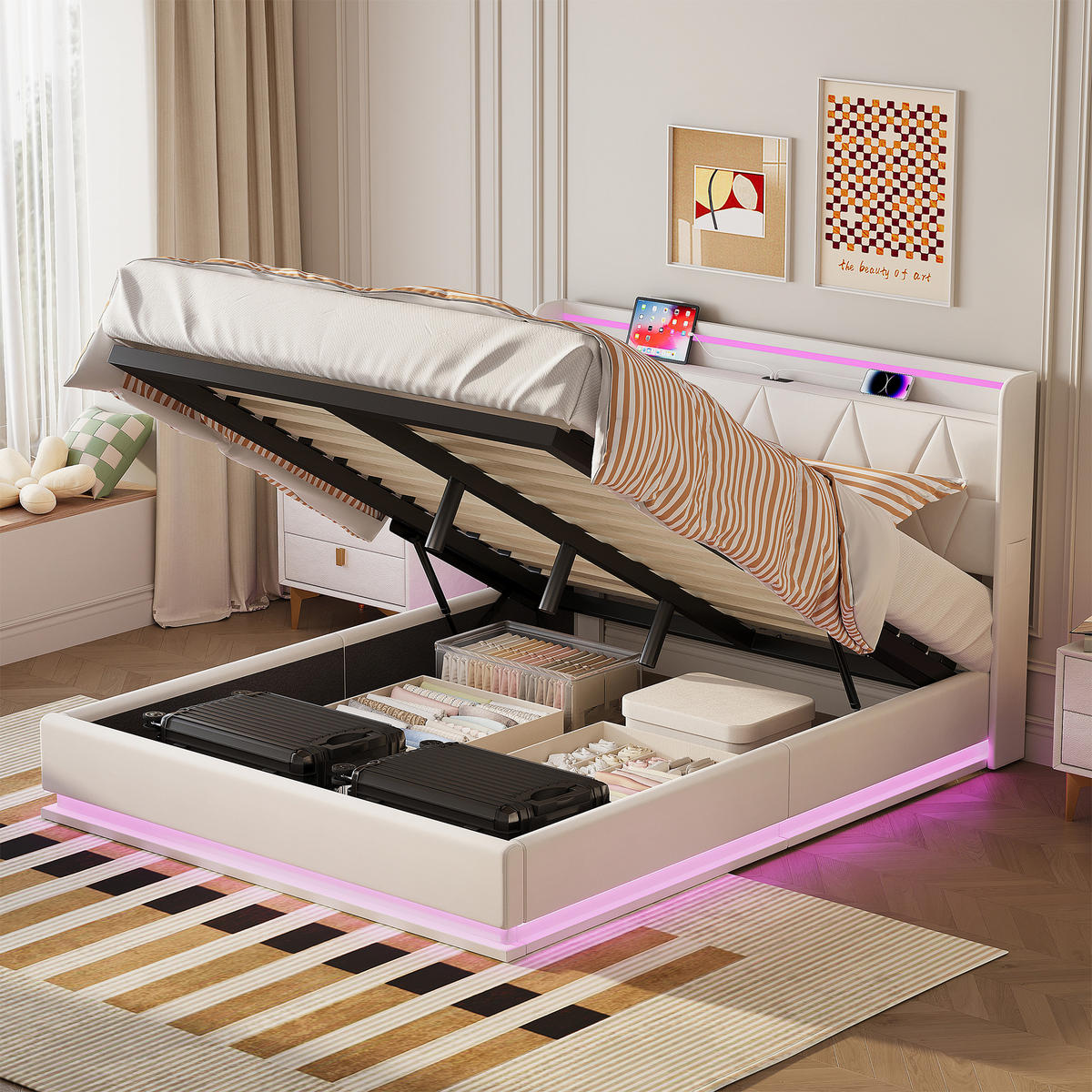 POLSTERBETT 160x200 cm, Doppelbett mit LED, Weiß Samt - Weiß, Metall (160/200cm)