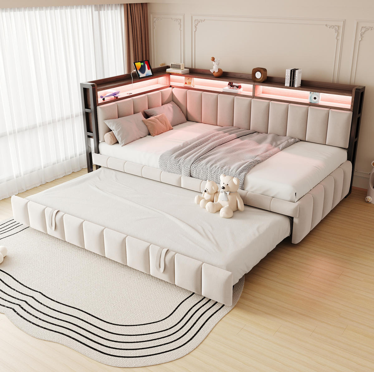 POLSTERBETT 90/200 cm aus Samtstoff mit LED, USB und Stauraum, Beige - Beige, Textil (90/200cm) - OKMYHOME