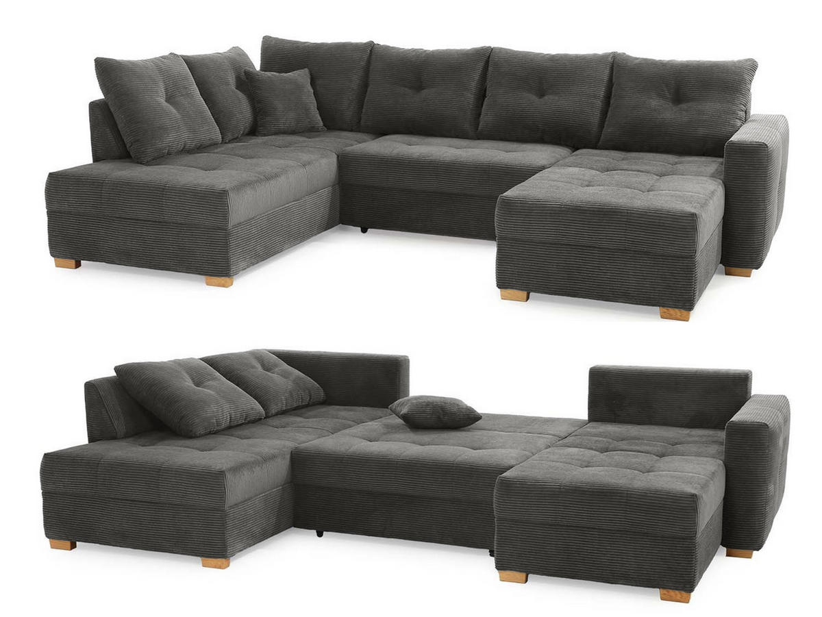 WOHNLANDSCHAFT mit Schlaffunktion und Bettkasten, spiegelverkehrt montierbar U-Form B313/T200/H92 cm, Cord Grau Anthrazit / 15220 - Schieferfarben/Eichefarben, Holz/Textil (313/92/200cm) - luma-home