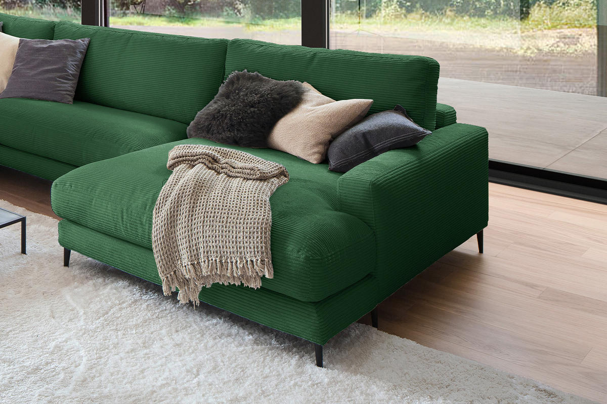 WOHNLANDSCHAFT CARA Smaragdgrün Cord - Smaragdgrün/Schwarz, Textil (341/84/223cm) - KAWOLA