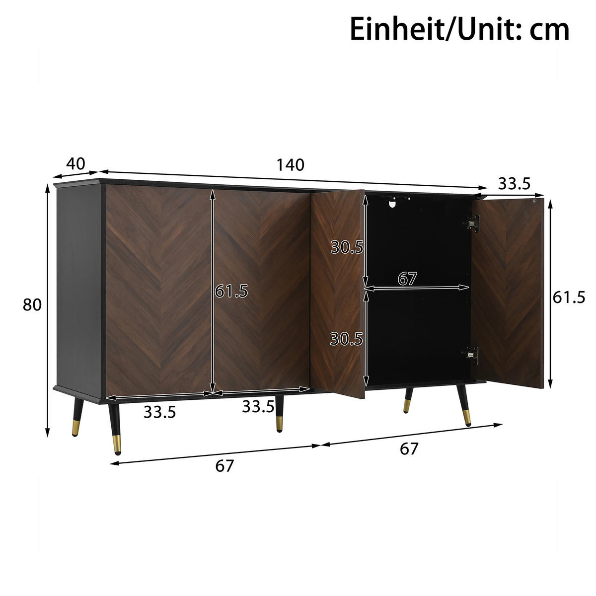 SIDEBOARD mit 3 Türen Walnussoptik und Goldene Akzente - Walnussfarben, Holzwerkstoff/Metall (140/80/40cm) - Urban Meuble