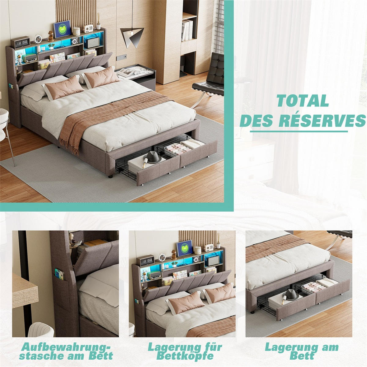 POLSTERBETT 160x200 cm mit LED-Ohrenkopfteil, Ablagefächern, Seitentaschen und 2 schubladen - ohne Matratze - Grau - Grau, Textil (160/200cm) - DELFA
