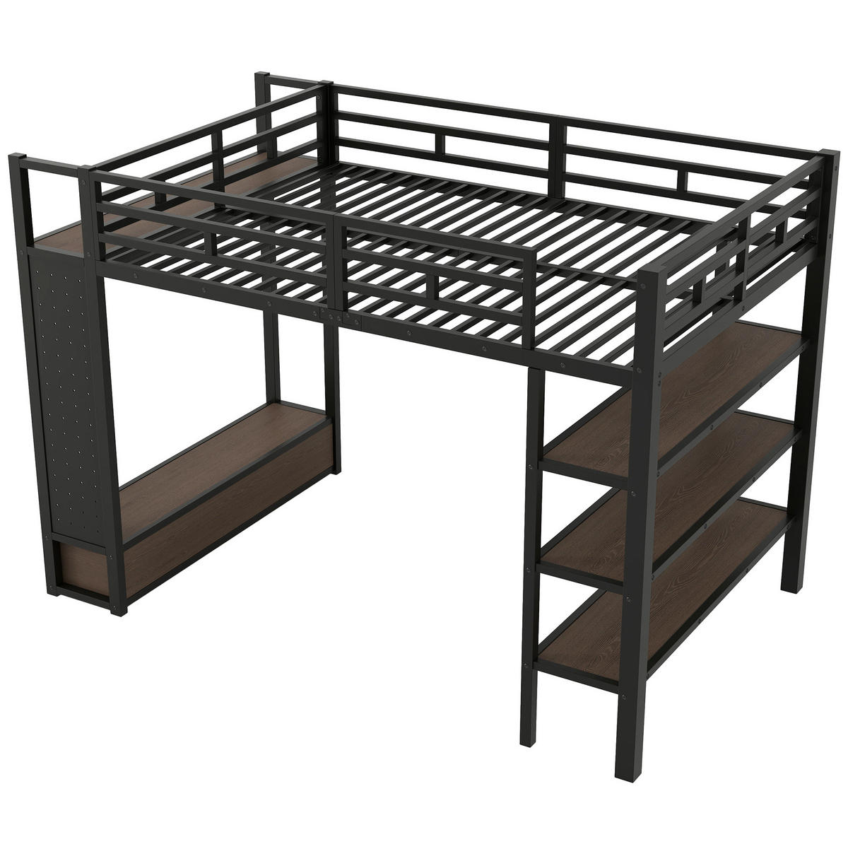 HOCHBETT MDF & Metall 140x200 cm Schwarz mit Kleiderschrank, Regalen, Lochwand und LED-Beleuchtung - Schwarz, Holzwerkstoff (140/200cm) - Modfu