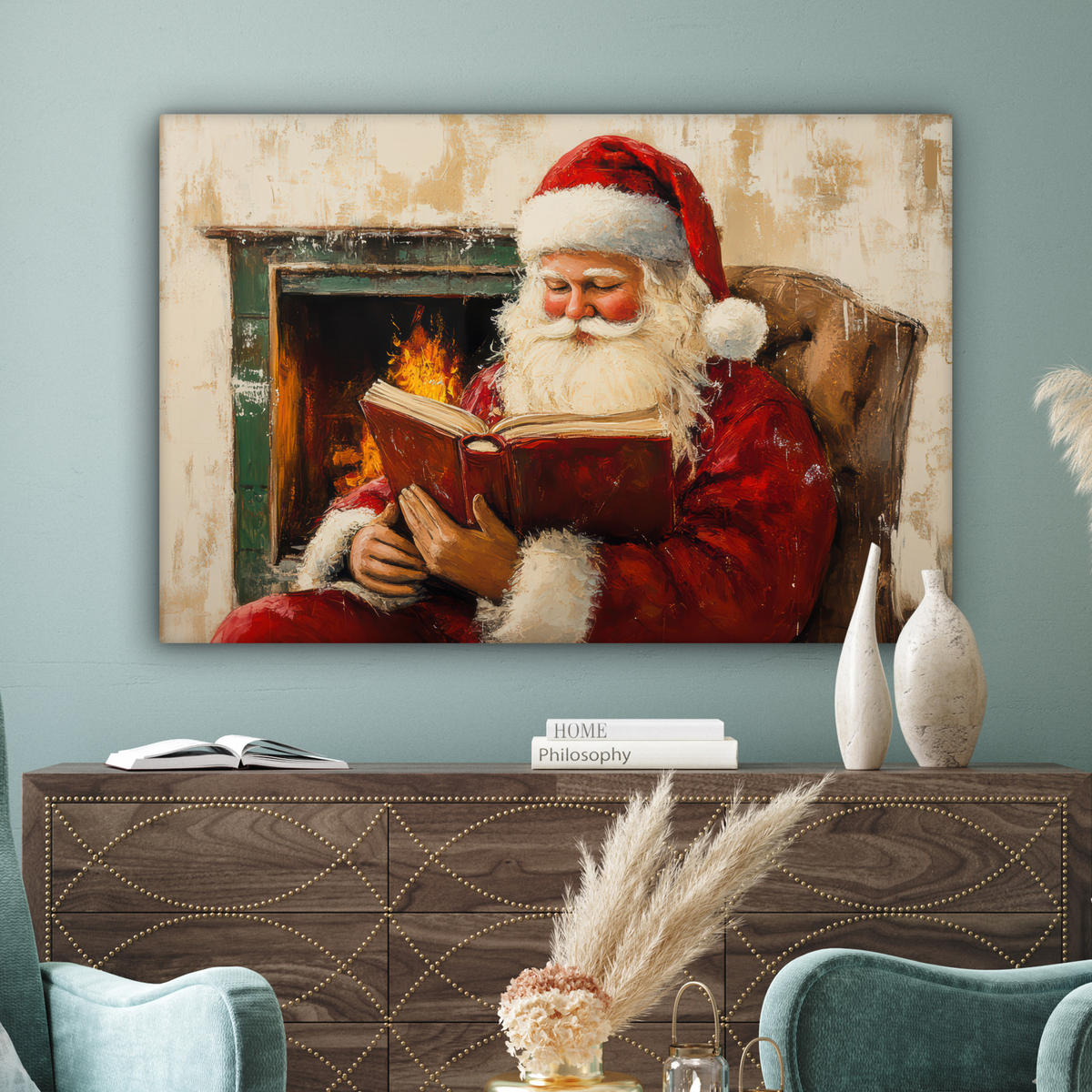 LEINWANDBILD Weihnachten - Weihnachtsmann - Winter - Open Fireside Wohnzimmer 120x80 cm - Dunkelrot, Textil (120/80cm) - MuchoWow