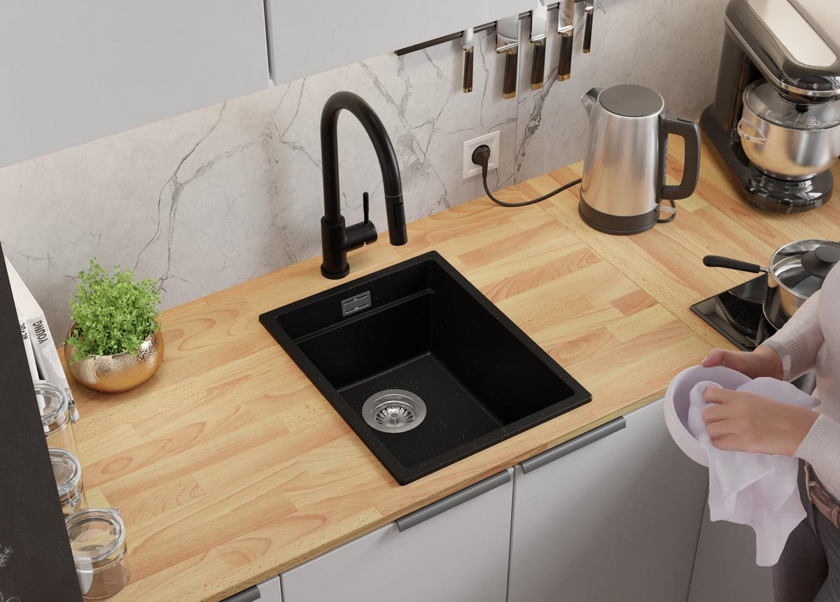 SPÜLBECKEN Praga Slim, 2-er set Schwarz Metallic 36/47 cm 1 Becken + Ablauf-Set + Aufrollbare Abtropffläche ab 40er Unterschrank - Chromfarben/Schwarz Hochglanz, Kunststoff (36/20/47cm) - Primagran