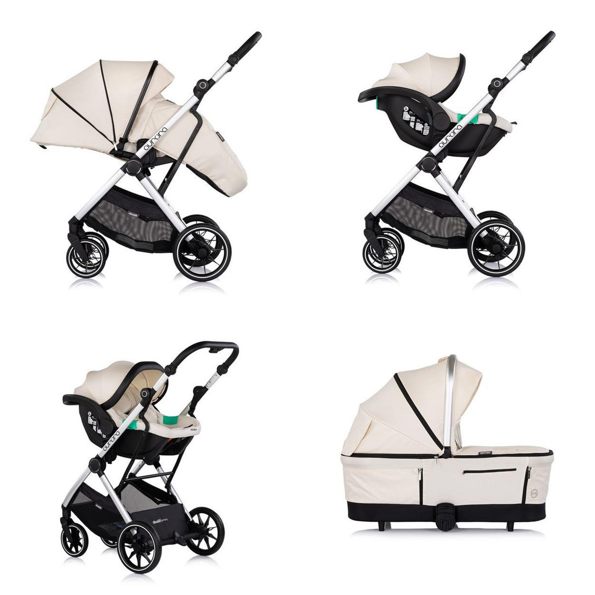 KOMBIKINDERWAGEN Aurora 3 in 1 beige EVA-Material, Aluminium, 3-Punkt-Gurt, Babywanne, Babyschale - Beige, Metall (84/57/112cm) - Chipolino